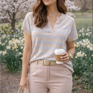 Lilla P Linen Cotton Blend‎ Striped Sweater Top Tan Blue Short Sleeve Size P/S